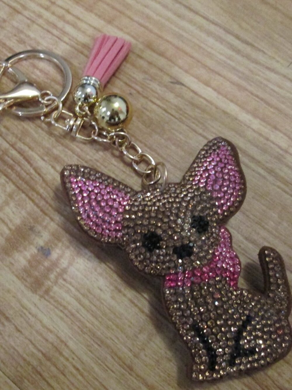 Super cute Blinged out chihuahua Pink and brown tassel keychain New in box